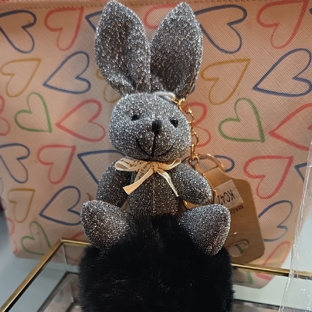 Glitter Bunny Keychain with Black Pom Pom